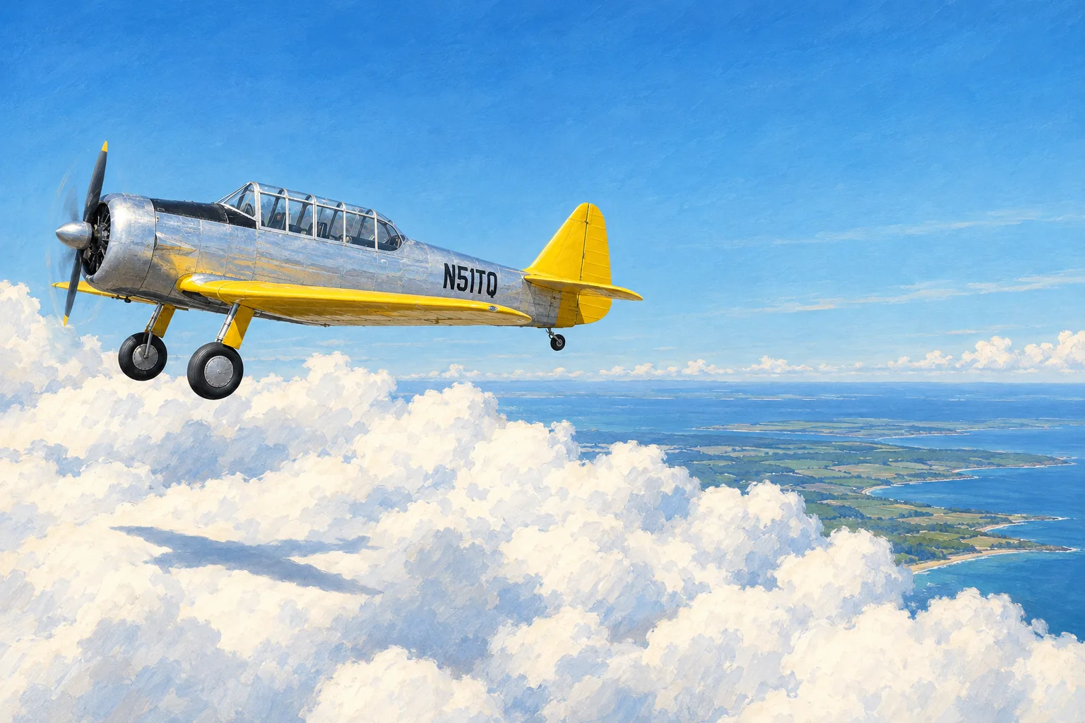 The Warbird, a sample aircraft, painted wide in the Gouache Illustration 1943 style: Your aircraft, in a 1940s magazine illustration