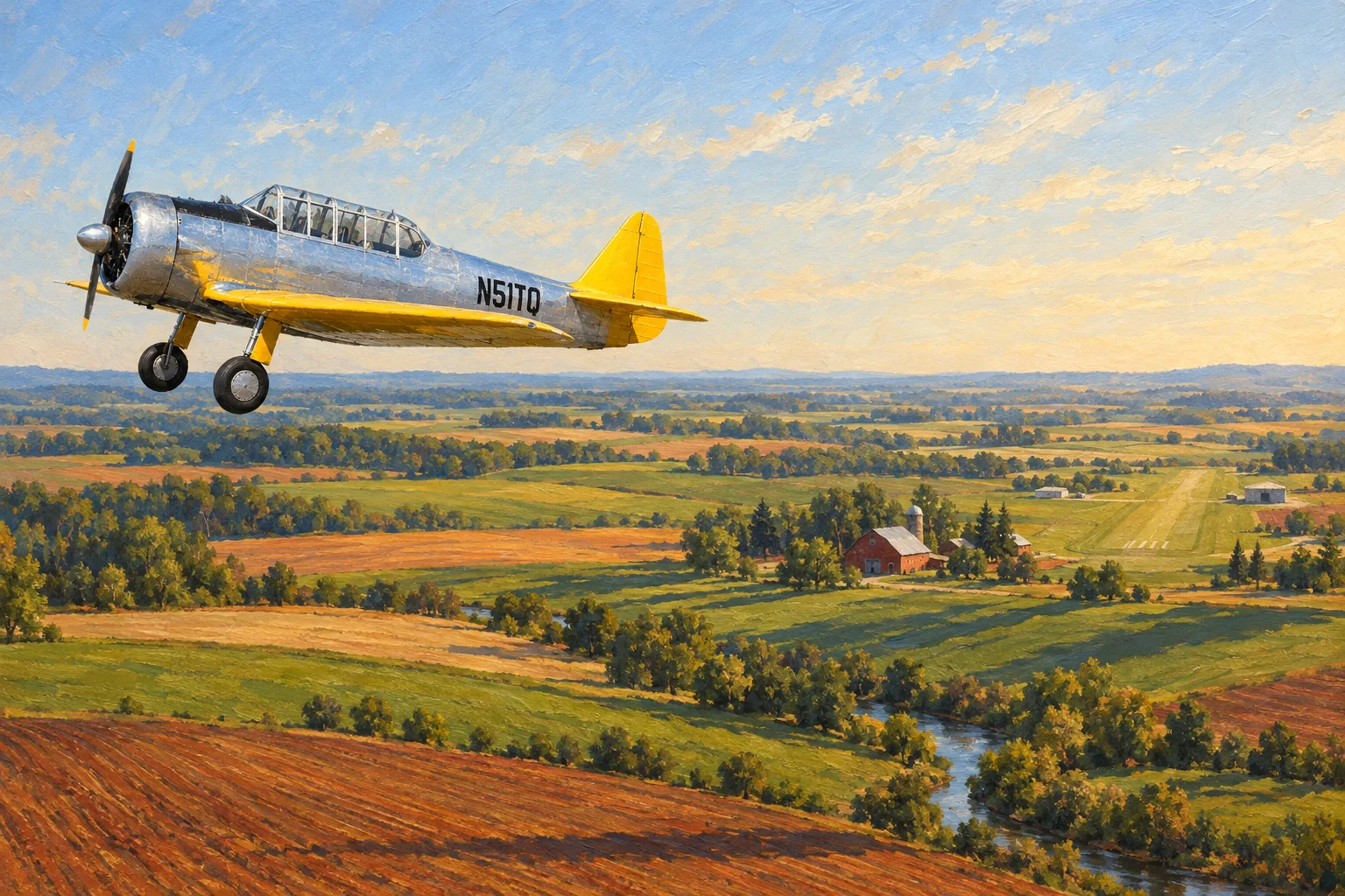 The Warbird, a sample aircraft, painted wide in the Over Home Fields style: Your aircraft, over the fields of home