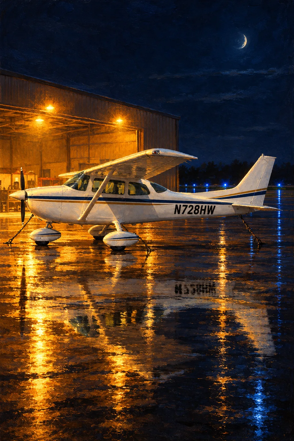 The High-Wing, a sample aircraft, painted in the Night Ramp style: Your aircraft, on the ramp under hangar light